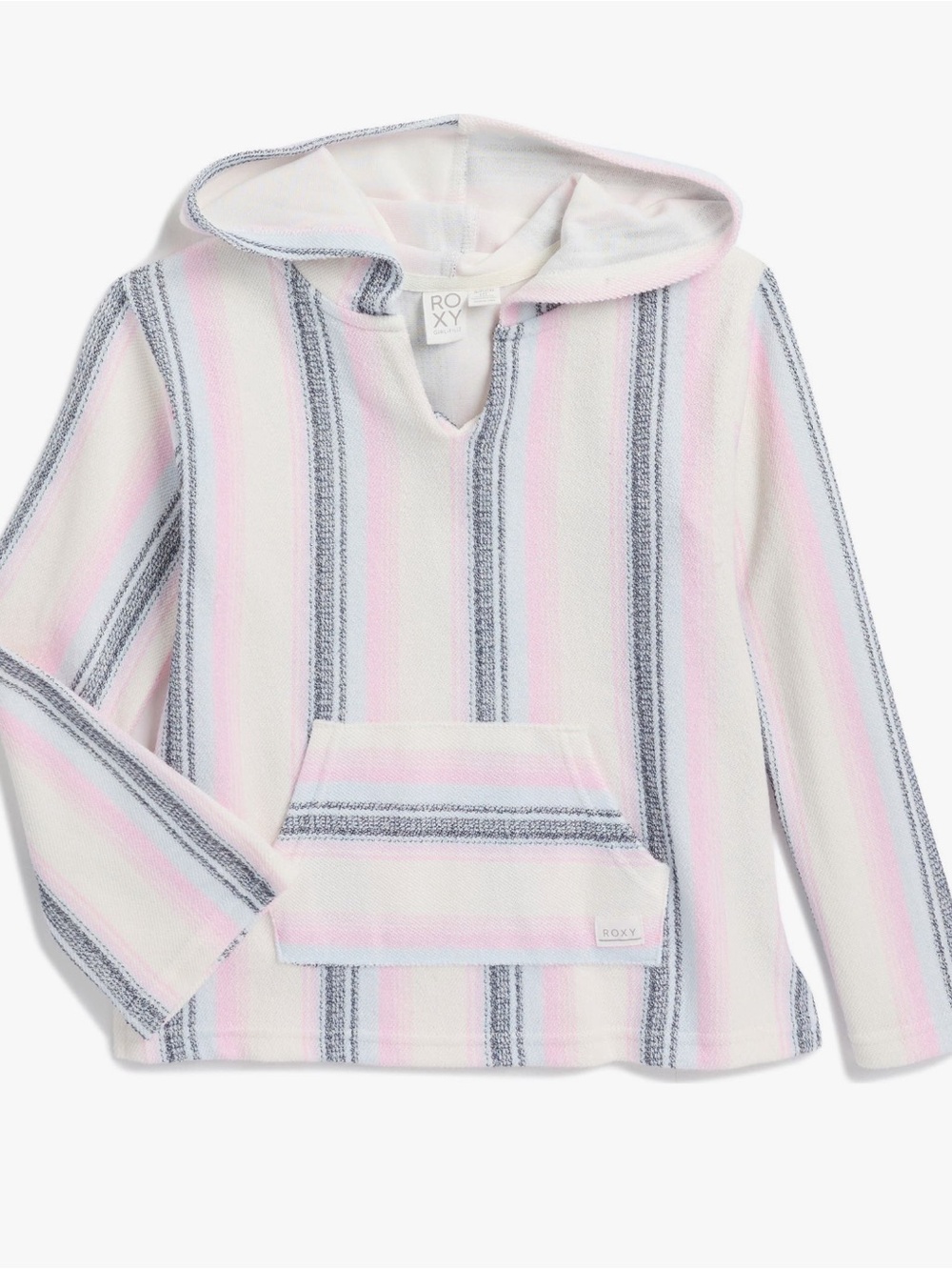 Roxy Girls Hooded Striped Pullover in Pink, Gray & White